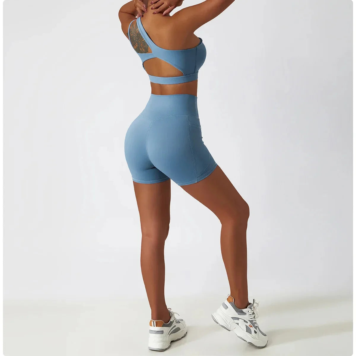 Elevate Your Workout with the Depth One-Shoulder Seamless Yoga Set - Stylish Shorts & Top Combo