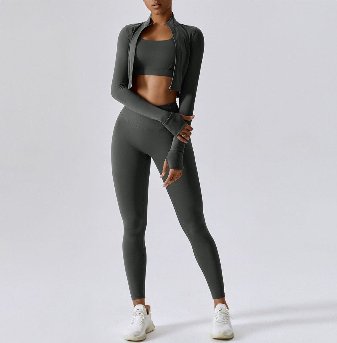 Elevate Your Workout: Power Scrunch Trio Set - Stylish Leggings, Chic Top & Cozy Jacket