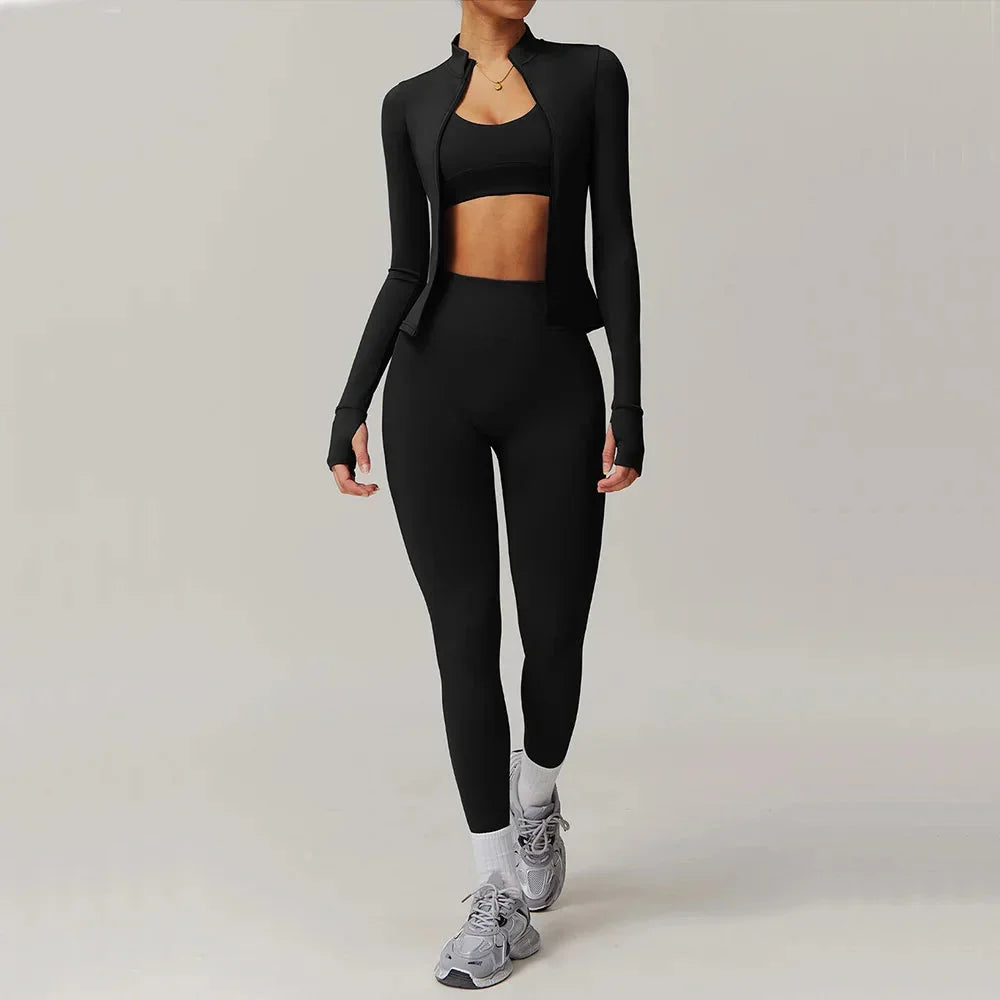 Stylish Engraved Seamless Gym Set - Leggings & Long Sleeve Top Combo
