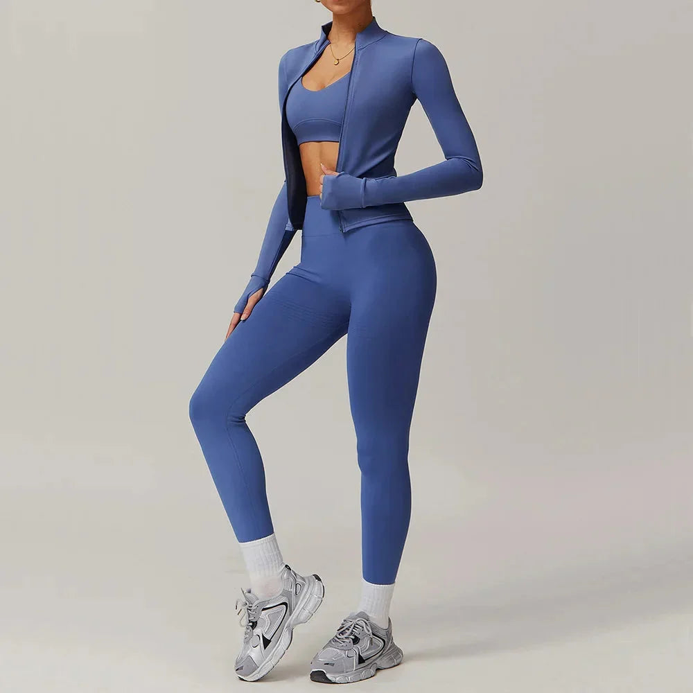 Stylish Engraved Seamless Gym Set - Leggings & Long Sleeve Top Combo