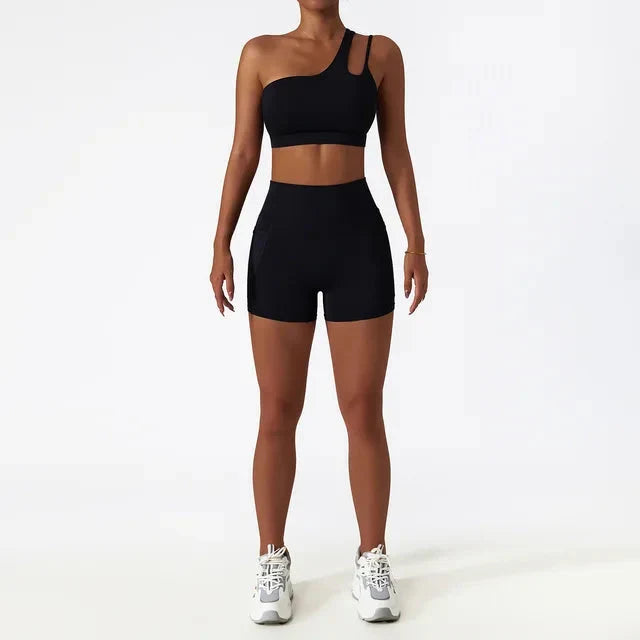 Elevate Your Workout with the Depth One-Shoulder Seamless Yoga Set - Stylish Shorts & Top Combo