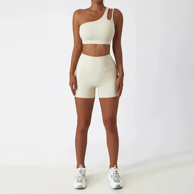 Elevate Your Workout with the Depth One-Shoulder Seamless Yoga Set - Stylish Shorts & Top Combo