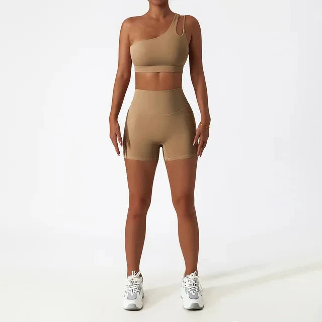 Elevate Your Workout with the Depth One-Shoulder Seamless Yoga Set - Stylish Shorts & Top Combo