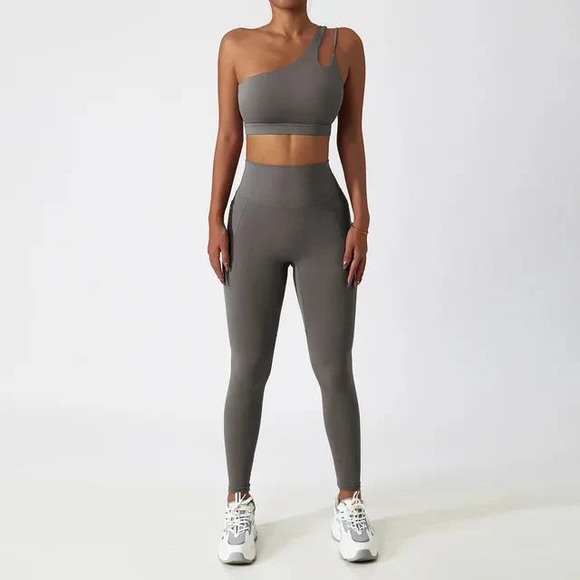 Elevate Your Workout: Stylish One-Shoulder Yoga Set with Leggings and Crop Top