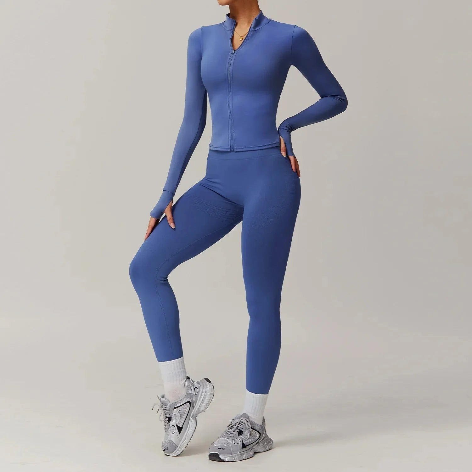 Stylish Engraved Seamless Gym Set - Leggings & Long Sleeve Top Combo